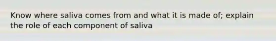 Know where saliva comes from and what it is made of; explain the role of each component of saliva