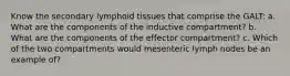 Know the secondary lymphoid tissues that comprise the GALT: a. What are the components of the inductive compartment? b. What are the components of the effector compartment? c. Which of the two compartments would mesenteric lymph nodes be an example of?