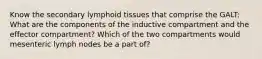 Know the secondary lymphoid tissues that comprise the GALT: What are the components of the inductive compartment and the effector compartment? Which of the two compartments would mesenteric lymph nodes be a part of?