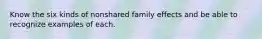 Know the six kinds of nonshared family effects and be able to recognize examples of each.