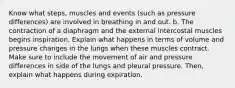 Know what steps, muscles and events (such as pressure differences) are involved in breathing in and out. b. The contraction of a diaphragm and the external intercostal muscles begins inspiration. Explain what happens in terms of volume and pressure changes in the lungs when these muscles contract. Make sure to include the movement of air and pressure differences in side of the lungs and pleural pressure. Then, explain what happens during expiration.