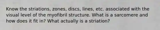 Know the striations, zones, discs, lines, etc. associated with the visual level of the myofibril structure. What is a sarcomere and how does it fit in? What actually is a striation?