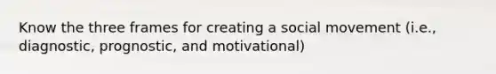 Know the three frames for creating a social movement (i.e., diagnostic, prognostic, and motivational)