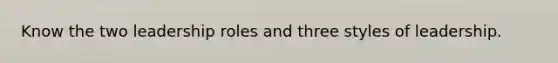 Know the two leadership roles and three styles of leadership.