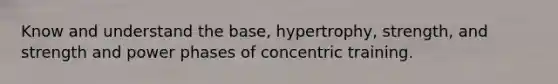 Know and understand the base, hypertrophy, strength, and strength and power phases of concentric training.