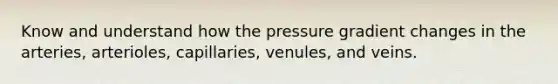 Know and understand how the pressure gradient changes in the arteries, arterioles, capillaries, venules, and veins.