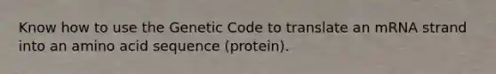 Know how to use the Genetic Code to translate an mRNA strand into an amino acid sequence (protein).