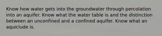 Know how water gets into the groundwater through percolation into an aquifer. Know what the water table is and the distinction between an unconfined and a confined aquifer. Know what an aquiclude is.