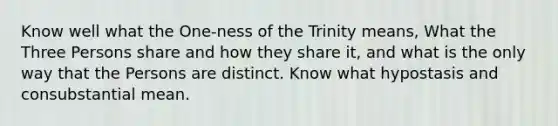 Know well what the One-ness of the Trinity means, What the Three Persons share and how they share it, and what is the only way that the Persons are distinct. Know what hypostasis and consubstantial mean.