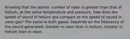 Knowing that the atomic number of neon is greater than that of helium, at the same temperature and pressure, how does the speed of sound in helium gas compare to the speed of sound in neon gas? The same in both gases. Depends on the frequency of the sound generated. Greater in neon than in helium. Greater in helium than in neon.