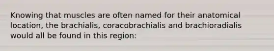 Knowing that muscles are often named for their anatomical location, the brachialis, coracobrachialis and brachioradialis would all be found in this region: