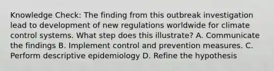 Knowledge Check: The finding from this outbreak investigation lead to development of new regulations worldwide for climate control systems. What step does this illustrate? A. Communicate the findings B. Implement control and prevention measures. C. Perform descriptive epidemiology D. Refine the hypothesis