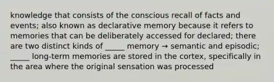 knowledge that consists of the conscious recall of facts and events; also known as declarative memory because it refers to memories that can be deliberately accessed for declared; there are two distinct kinds of _____ memory → semantic and episodic; _____ long-term memories are stored in the cortex, specifically in the area where the original sensation was processed