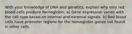 With your knowledge of DNA and genetics, explain why only red blood cells produce hemoglobin. a) Gene expression varies with the cell type based on internal and external signals. b) Red blood cells have promoter regions for the hemoglobin genes not found in other cells.