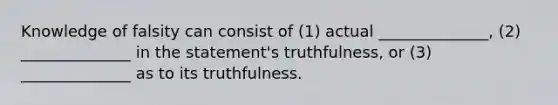 Knowledge of falsity can consist of (1) actual ______________, (2) ______________ in the statement's truthfulness, or (3) ______________ as to its truthfulness.