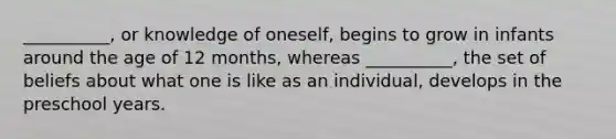 __________, or knowledge of oneself, begins to grow in infants around the age of 12 months, whereas __________, the set of beliefs about what one is like as an individual, develops in the preschool years.