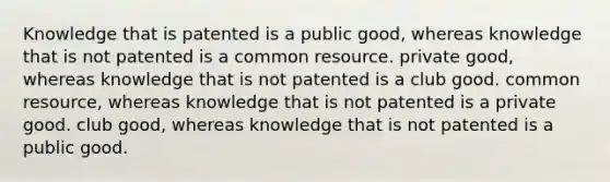 Knowledge that is patented is a public good, whereas knowledge that is not patented is a common resource. private good, whereas knowledge that is not patented is a club good. common resource, whereas knowledge that is not patented is a private good. club good, whereas knowledge that is not patented is a public good.