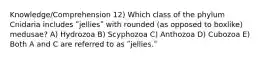 Knowledge/Comprehension 12) Which class of the phylum Cnidaria includes ʺjelliesʺ with rounded (as opposed to boxlike) medusae? A) Hydrozoa B) Scyphozoa C) Anthozoa D) Cubozoa E) Both A and C are referred to as ʺjellies.ʺ