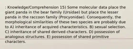 : Knowledge/Comprehension 15) Some molecular data place the giant panda in the bear family (Ursidae) but place the lesser panda in the raccoon family (Procyonidae). Consequently, the morphological similarities of these two species are probably due to A) inheritance of acquired characteristics. B) sexual selection. C) inheritance of shared derived characters. D) possession of analogous structures. E) possession of shared primitive characters.