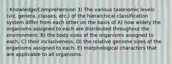 : Knowledge/Comprehension 3) The various taxonomic levels (viz, genera, classes, etc.) of the hierarchical classification system differ from each other on the basis of A) how widely the organisms assigned to each are distributed throughout the environment. B) the body sizes of the organisms assigned to each. C) their inclusiveness. D) the relative genome sizes of the organisms assigned to each. E) morphological characters that are applicable to all organisms.