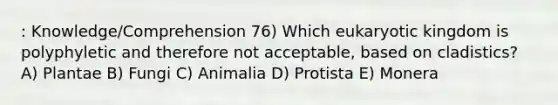 : Knowledge/Comprehension 76) Which eukaryotic kingdom is polyphyletic and therefore not acceptable, based on cladistics? A) Plantae B) Fungi C) Animalia D) Protista E) Monera