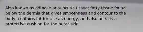 Also known as adipose or subcutis tissue; fatty tissue found below the dermis that gives smoothness and contour to the body, contains fat for use as energy, and also acts as a protective cushion for the outer skin.