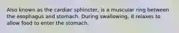 Also known as the cardiac sphincter, is a muscular ring between the esophagus and stomach. During swallowing, it relaxes to allow food to enter the stomach.