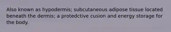 Also known as hypodermis; subcutaneous adipose tissue located beneath the dermis; a protedctive cusion and energy storage for the body.