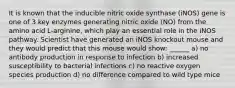 It is known that the inducible nitric oxide synthase (iNOS) gene is one of 3 key enzymes generating nitric oxide (NO) from the amino acid L-arginine, which play an essential role in the iNOS pathway. Scientist have generated an iNOS knockout mouse and they would predict that this mouse would show: ______ a) no antibody production in response to infection b) increased susceptibility to bacterial infections c) no reactive oxygen species production d) no difference compared to wild type mice