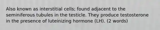 Also known as interstitial cells; found adjacent to the seminiferous tubules in the testicle. They produce testosterone in the presence of luteinizing hormone (LH). (2 words)