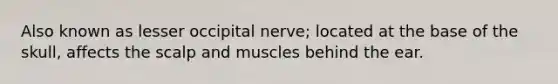 Also known as lesser occipital nerve; located at the base of the skull, affects the scalp and muscles behind the ear.