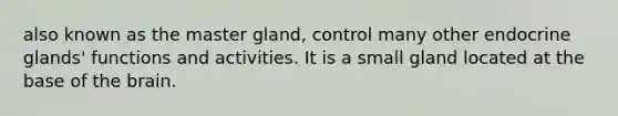 also known as the master gland, control many other endocrine glands' functions and activities. It is a small gland located at the base of the brain.