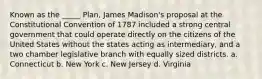 Known as the _____ Plan, James Madison's proposal at the Constitutional Convention of 1787 included a strong central government that could operate directly on the citizens of the United States without the states acting as intermediary, and a two chamber legislative branch with equally sized districts. a. Connecticut b. New York c. New Jersey d. Virginia