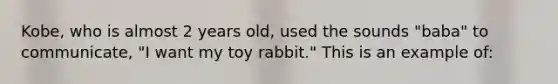 Kobe, who is almost 2 years old, used the sounds "baba" to communicate, "I want my toy rabbit." This is an example of: