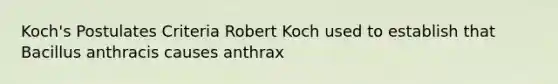 Koch's Postulates Criteria Robert Koch used to establish that Bacillus anthracis causes anthrax