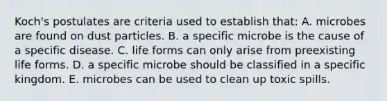 Koch's postulates are criteria used to establish that: A. microbes are found on dust particles. B. a specific microbe is the cause of a specific disease. C. life forms can only arise from preexisting life forms. D. a specific microbe should be classified in a specific kingdom. E. microbes can be used to clean up toxic spills.