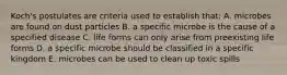 Koch's postulates are criteria used to establish that: A. microbes are found on dust particles B. a specific microbe is the cause of a specified disease C. life forms can only arise from preexisting life forms D. a specific microbe should be classified in a specific kingdom E. microbes can be used to clean up toxic spills