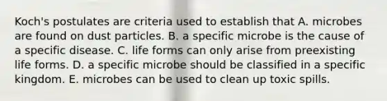 Koch's postulates are criteria used to establish that A. microbes are found on dust particles. B. a specific microbe is the cause of a specific disease. C. life forms can only arise from preexisting life forms. D. a specific microbe should be classified in a specific kingdom. E. microbes can be used to clean up toxic spills.