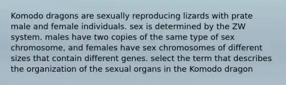 Komodo dragons are sexually reproducing lizards with prate male and female individuals. sex is determined by the ZW system. males have two copies of the same type of sex chromosome, and females have sex chromosomes of different sizes that contain different genes. select the term that describes the organization of the sexual organs in the Komodo dragon