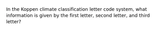 In the Koppen climate classification letter code system, what information is given by the first letter, second letter, and third letter?