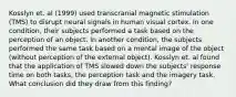 Kosslyn et. al (1999) used transcranial magnetic stimulation (TMS) to disrupt neural signals in human visual cortex. In one condition, their subjects performed a task based on the perception of an object. In another condition, the subjects performed the same task based on a mental image of the object (without perception of the external object). Kosslyn et. al found that the application of TMS slowed down the subjects' response time on both tasks, the perception task and the imagery task. What conclusion did they draw from this finding?