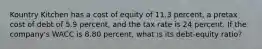 Kountry Kitchen has a cost of equity of 11.3 percent, a pretax cost of debt of 5.9 percent, and the tax rate is 24 percent. If the company's WACC is 8.80 percent, what is its debt-equity ratio?