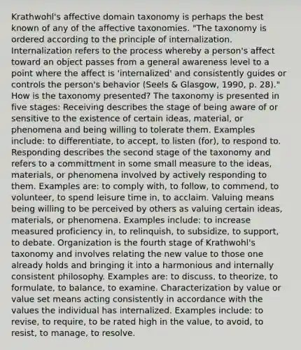 Krathwohl's affective domain taxonomy is perhaps the best known of any of the affective taxonomies. "The taxonomy is ordered according to the principle of internalization. Internalization refers to the process whereby a person's affect toward an object passes from a general awareness level to a point where the affect is 'internalized' and consistently guides or controls the person's behavior (Seels & Glasgow, 1990, p. 28)." How is the taxonomy presented? The taxonomy is presented in five stages: Receiving describes the stage of being aware of or sensitive to the existence of certain ideas, material, or phenomena and being willing to tolerate them. Examples include: to differentiate, to accept, to listen (for), to respond to. Responding describes the second stage of the taxonomy and refers to a committment in some small measure to the ideas, materials, or phenomena involved by actively responding to them. Examples are: to comply with, to follow, to commend, to volunteer, to spend leisure time in, to acclaim. Valuing means being willing to be perceived by others as valuing certain ideas, materials, or phenomena. Examples include: to increase measured proficiency in, to relinquish, to subsidize, to support, to debate. Organization is the fourth stage of Krathwohl's taxonomy and involves relating the new value to those one already holds and bringing it into a harmonious and internally consistent philosophy. Examples are: to discuss, to theorize, to formulate, to balance, to examine. Characterization by value or value set means acting consistently in accordance with the values the individual has internalized. Examples include: to revise, to require, to be rated high in the value, to avoid, to resist, to manage, to resolve.