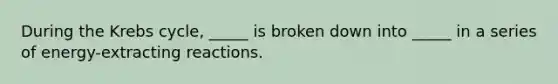 During the <a href='https://www.questionai.com/knowledge/kqfW58SNl2-krebs-cycle' class='anchor-knowledge'>krebs cycle</a>, _____ is broken down into _____ in a series of energy-extracting reactions.