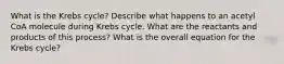 What is the Krebs cycle? Describe what happens to an acetyl CoA molecule during Krebs cycle. What are the reactants and products of this process? What is the overall equation for the Krebs cycle?