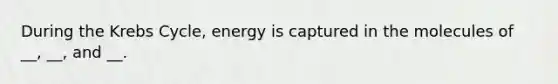 During the Krebs Cycle, energy is captured in the molecules of __, __, and __.