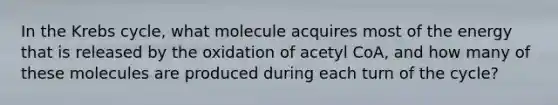 In the Krebs cycle, what molecule acquires most of the energy that is released by the oxidation of acetyl CoA, and how many of these molecules are produced during each turn of the cycle?