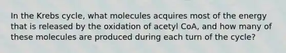 In the Krebs cycle, what molecules acquires most of the energy that is released by the oxidation of acetyl CoA, and how many of these molecules are produced during each turn of the cycle?