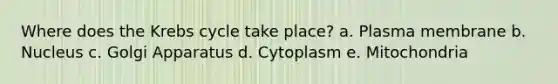 Where does the Krebs cycle take place? a. Plasma membrane b. Nucleus c. Golgi Apparatus d. Cytoplasm e. Mitochondria