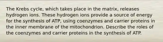 The Krebs cycle, which takes place in the matrix, releases hydrogen ions. These hydrogen ions provide a source of energy for the synthesis of ATP, using coenzymes and carrier proteins in the inner membrane of the mitochondrion. Describe the roles of the coenzymes and carrier proteins in the synthesis of ATP.